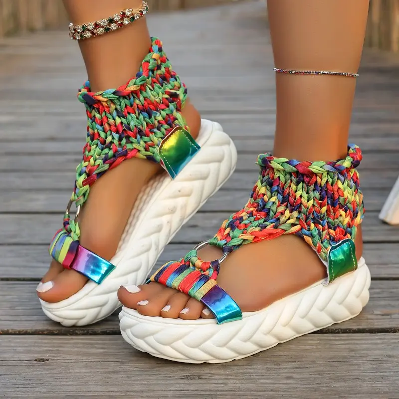 Women's Fashion Round Head Knitted Cover Foot Soft Sole Anti-slip Wear-resistant Flat Shoes Summer Platform Sandals