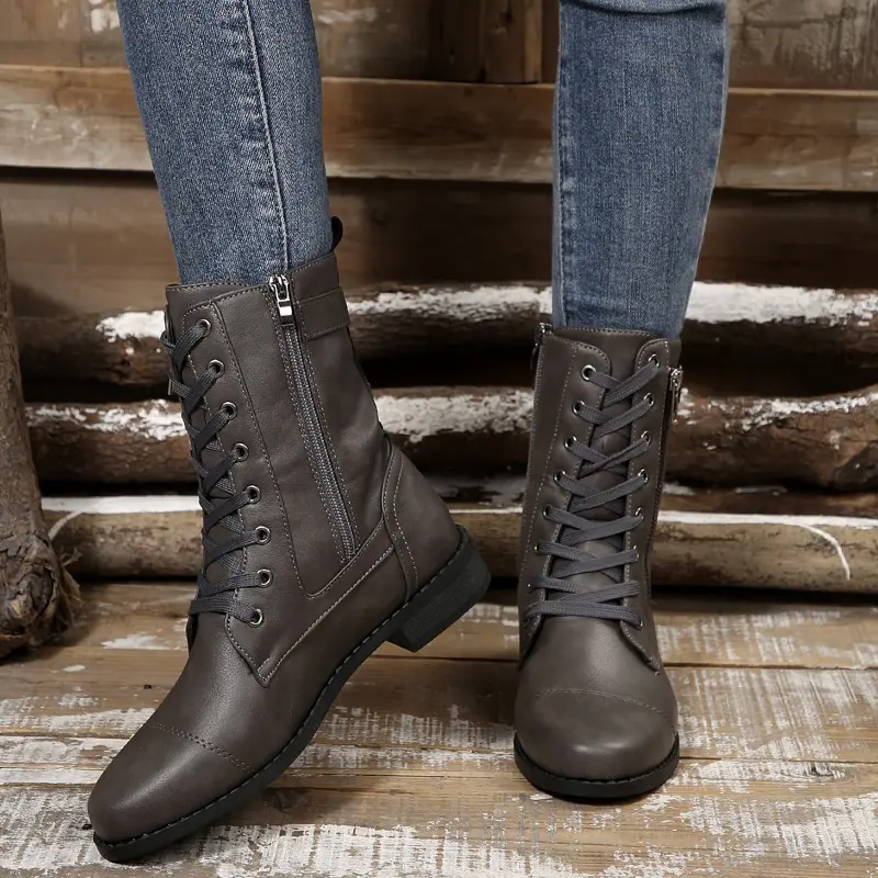 Low Heel Single Boots Autumn New Round Toe Front Lace-Up Side Zipper Soft Sole Anti-Slip Wear-Resistant Short Shoe
