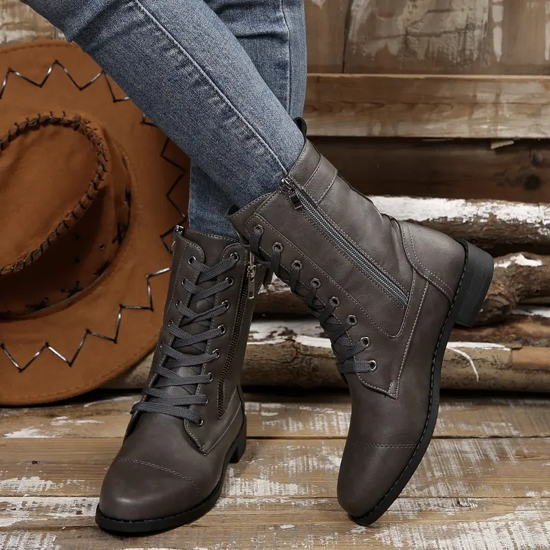 Low Heel Single Boots Autumn New Round Toe Front Lace-Up Side Zipper Soft Sole Anti-Slip Wear-Resistant Short Shoe