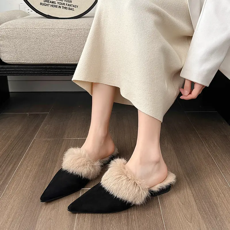 Women's Fashion Baotou Slippers Winter New Pointed Head Deep Mouth Suede Anti-slip Wear-resistant Flat Shoes
