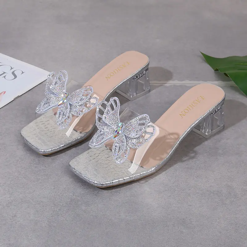 Women's Fashion Sandals Women Summer New Square Toe Open Toe Rhinestone Butterfly Mid Heel Block Heel Cool Mopping