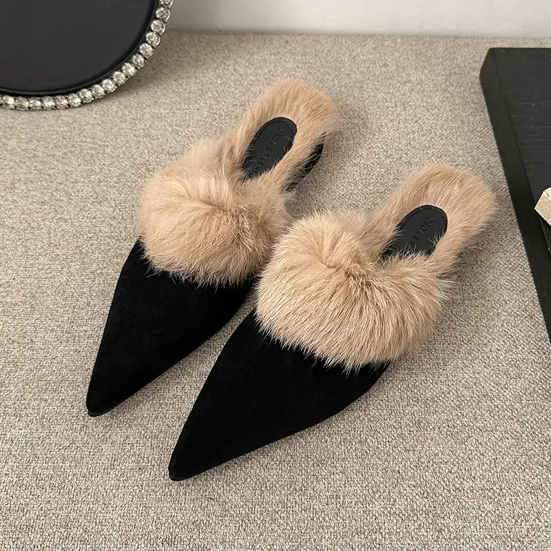 Women's Fashion Baotou Slippers Winter New Pointed Head Deep Mouth Suede Anti-slip Wear-resistant Flat Shoes