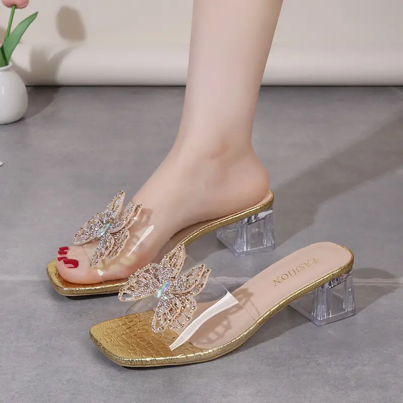 Women's Fashion Sandals Women Summer New Square Toe Open Toe Rhinestone Butterfly Mid Heel Block Heel Cool Mopping