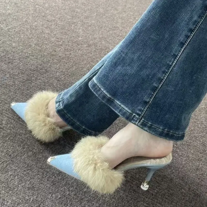 Women's Baotou slippers winter new pointed head deep mouth suede plus wool anti-slip wear-resistant high-heeled slippers