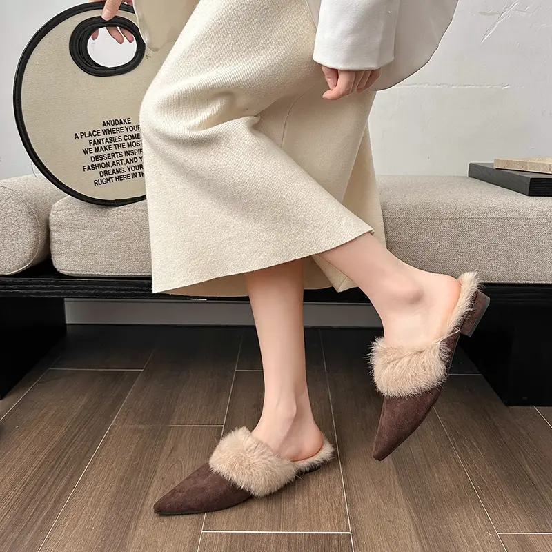 Women's Fashion Baotou Slippers Winter New Pointed Head Deep Mouth Suede Anti-slip Wear-resistant Flat Shoes