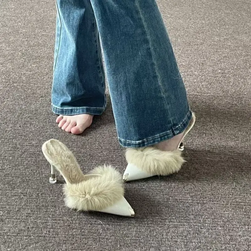 Women's Baotou slippers winter new pointed head deep mouth suede plus wool anti-slip wear-resistant high-heeled slippers