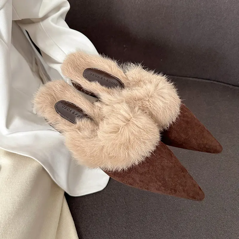 Women's Fashion Baotou Slippers Winter New Pointed Head Deep Mouth Suede Anti-slip Wear-resistant Flat Shoes