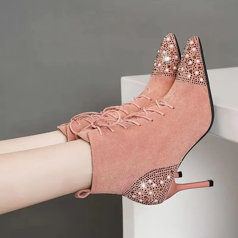 Autumn New Thin Heel Single Boots Women's Rhinestone Pointed Head Suede Front Lace-up Temperament High Heel Short Boots