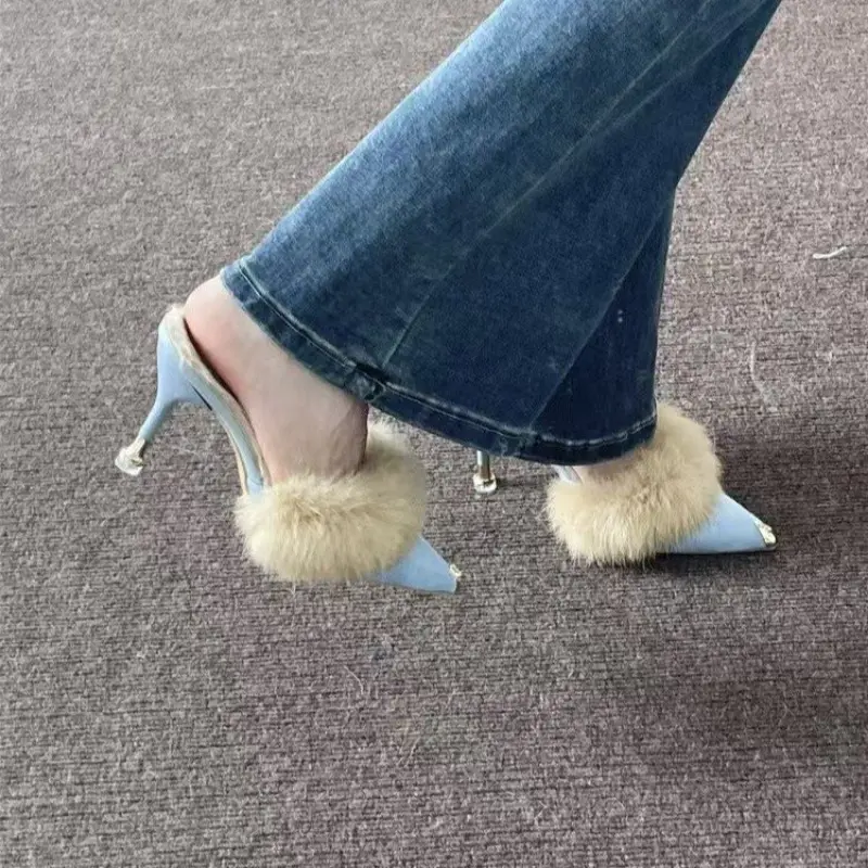 Women's Baotou slippers winter new pointed head deep mouth suede plus wool anti-slip wear-resistant high-heeled slippers