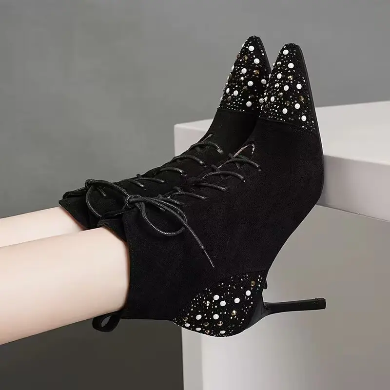Autumn New Thin Heel Single Boots Women's Rhinestone Pointed Head Suede Front Lace-up Temperament High Heel Short Boots