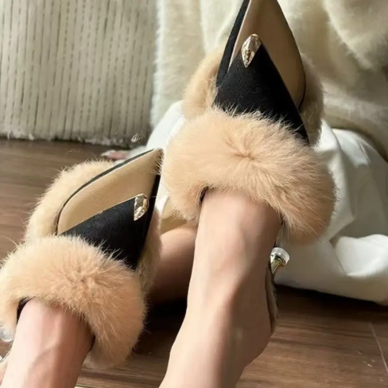 Women's Baotou slippers winter new pointed head deep mouth suede plus wool anti-slip wear-resistant high-heeled slippers