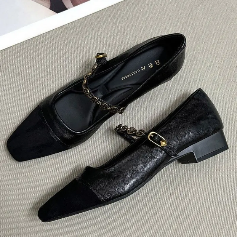 Women's Fashion Flat Shoes Spring New Square Head Shallow Mouth Suede Splicing Metal Chain Non-slip Single Shoes