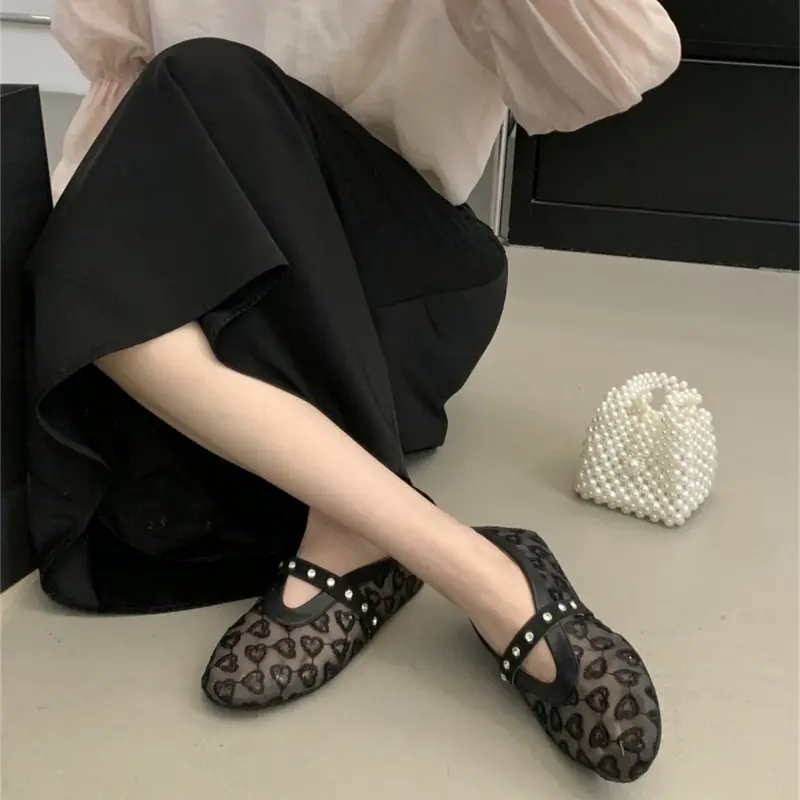Fashion Flat Shoes Spring New Round Head Shallow Mouth Glitter Embroidery Mesh Crystal with Soft Sole Non-slip Shoes