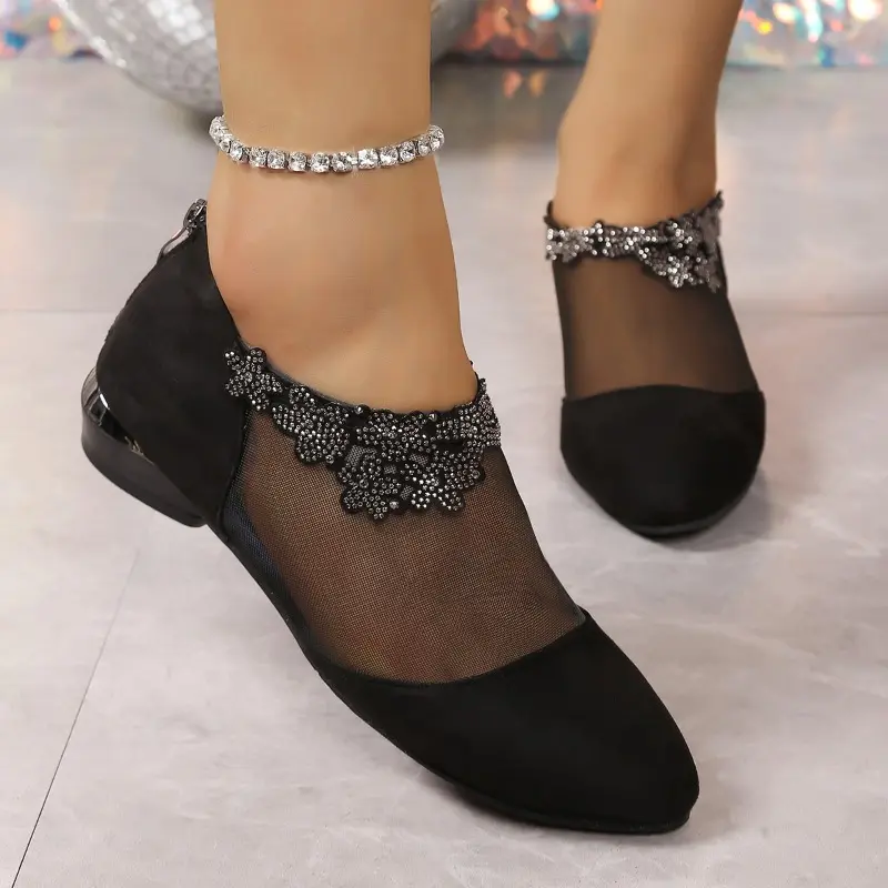 Low Heel Shoes Summer New Pointed Suede Splicing Mesh Crystal Flowers After Zipper Anti-slip Wear-resistant Low-top Shoes