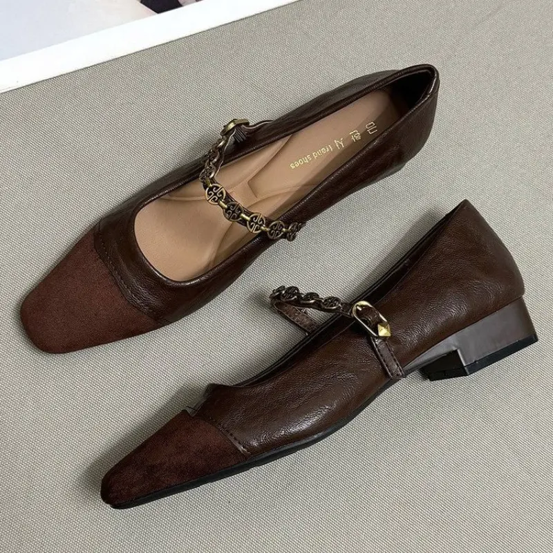 Women's Fashion Flat Shoes Spring New Square Head Shallow Mouth Suede Splicing Metal Chain Non-slip Single Shoes