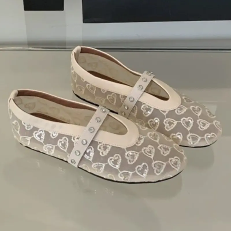 Fashion Flat Shoes Spring New Round Head Shallow Mouth Glitter Embroidery Mesh Crystal with Soft Sole Non-slip Shoes