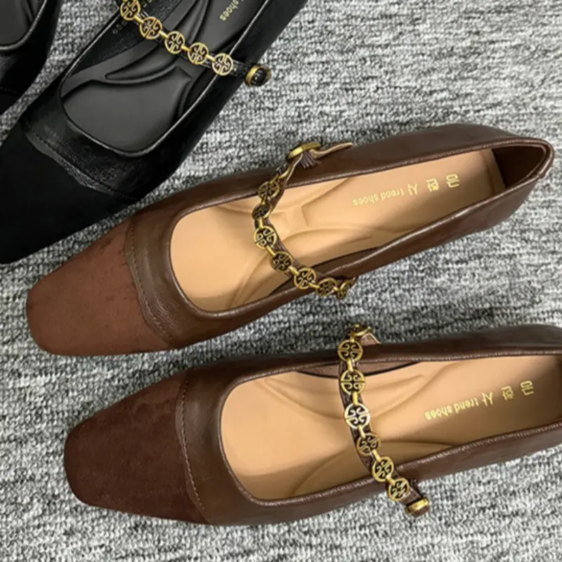 Women's Fashion Flat Shoes Spring New Square Head Shallow Mouth Suede Splicing Metal Chain Non-slip Single Shoes