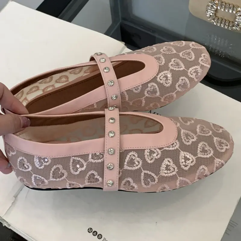 Fashion Flat Shoes Spring New Round Head Shallow Mouth Glitter Embroidery Mesh Crystal with Soft Sole Non-slip Shoes