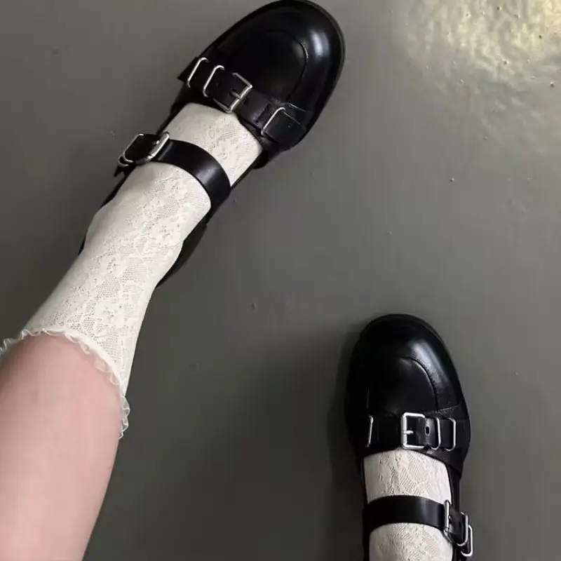 Women's Thick Heel Shoes Autumn New Round Head Shallow Mouth Metal Buckle Thick Sole Anti-slip Wear-resistant Low-top Shoes