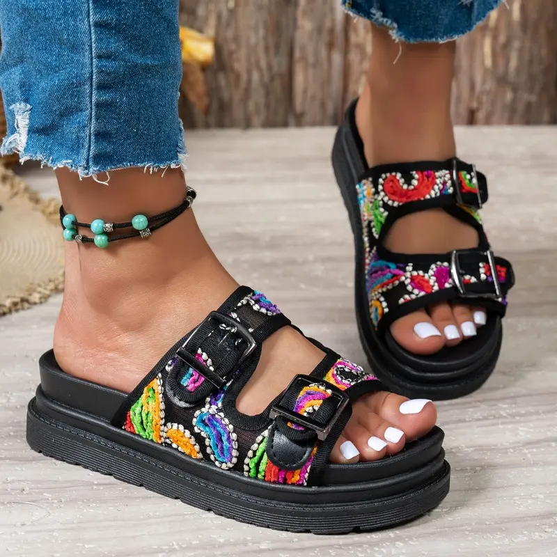 Summer New Flat Slippers Women's Round Head Open Toe Embroidery Metal Buckle Thick Soled Anti-slip Wear-resistant Sandals
