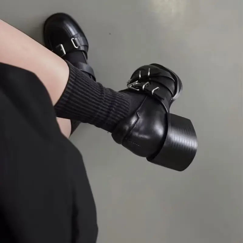 Women's Thick Heel Shoes Autumn New Round Head Shallow Mouth Metal Buckle Thick Sole Anti-slip Wear-resistant Low-top Shoes