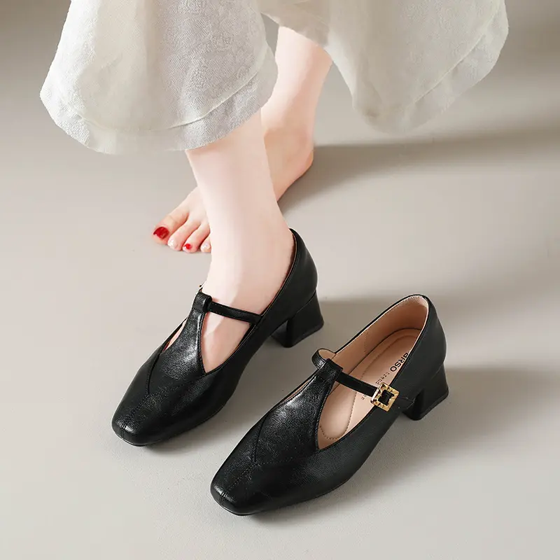 Block Heel Single Shoes Autumn New Square Toe Shallow Mouth One Belt Soft Sole Non-slip Wear-resistant Kitten Heel Shoes