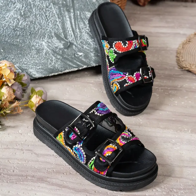 Summer New Flat Slippers Women's Round Head Open Toe Embroidery Metal Buckle Thick Soled Anti-slip Wear-resistant Sandals