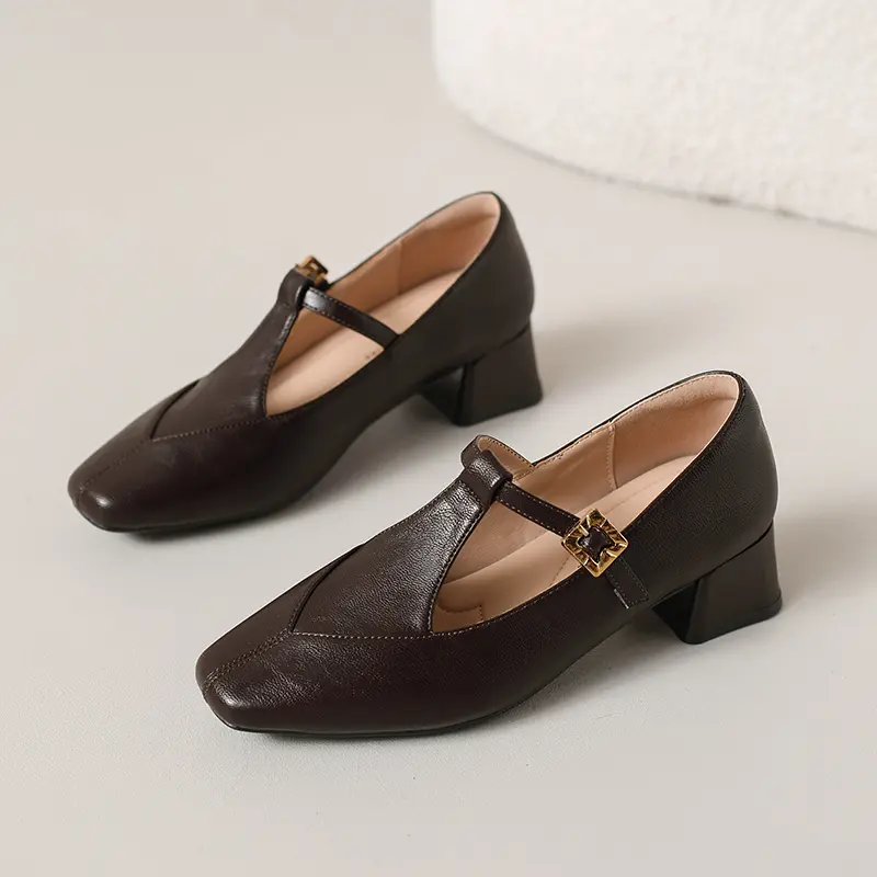 Block Heel Single Shoes Autumn New Square Toe Shallow Mouth One Belt Soft Sole Non-slip Wear-resistant Kitten Heel Shoes