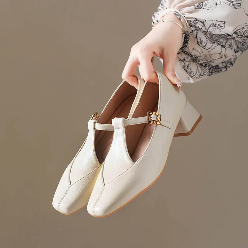 Block Heel Single Shoes Autumn New Square Toe Shallow Mouth One Belt Soft Sole Non-slip Wear-resistant Kitten Heel Shoes