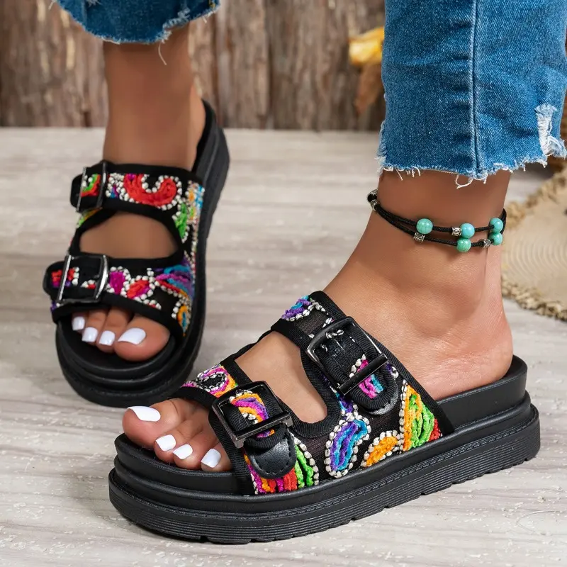 Summer New Flat Slippers Women's Round Head Open Toe Embroidery Metal Buckle Thick Soled Anti-slip Wear-resistant Sandals