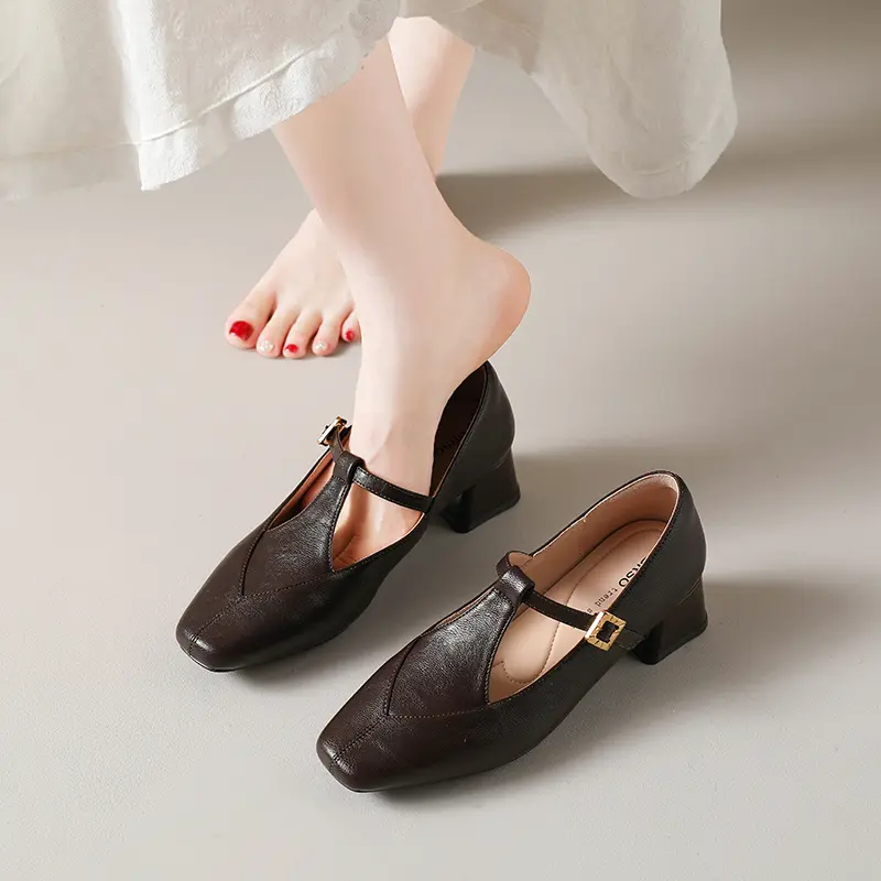 Block Heel Single Shoes Autumn New Square Toe Shallow Mouth One Belt Soft Sole Non-slip Wear-resistant Kitten Heel Shoes