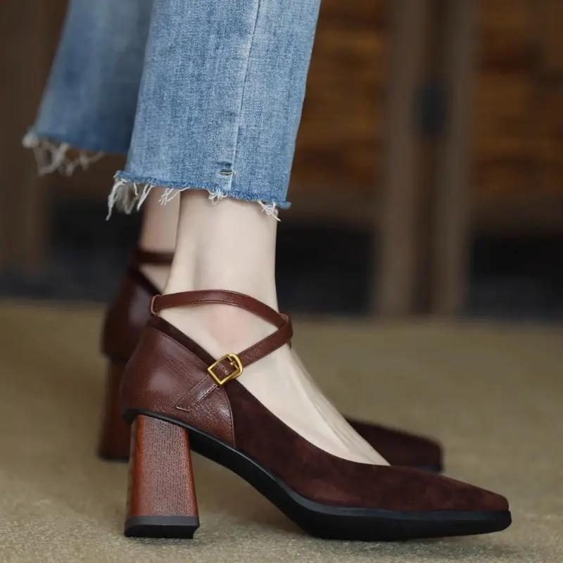 Women's Fashion Thick Heel Shoes Fall New Square Head Shallow Mouth Suede Temperament High Heels