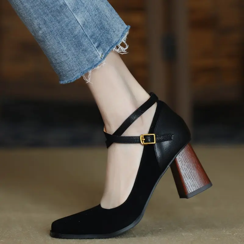 Women's Fashion Thick Heel Shoes Fall New Square Head Shallow Mouth Suede Temperament High Heels