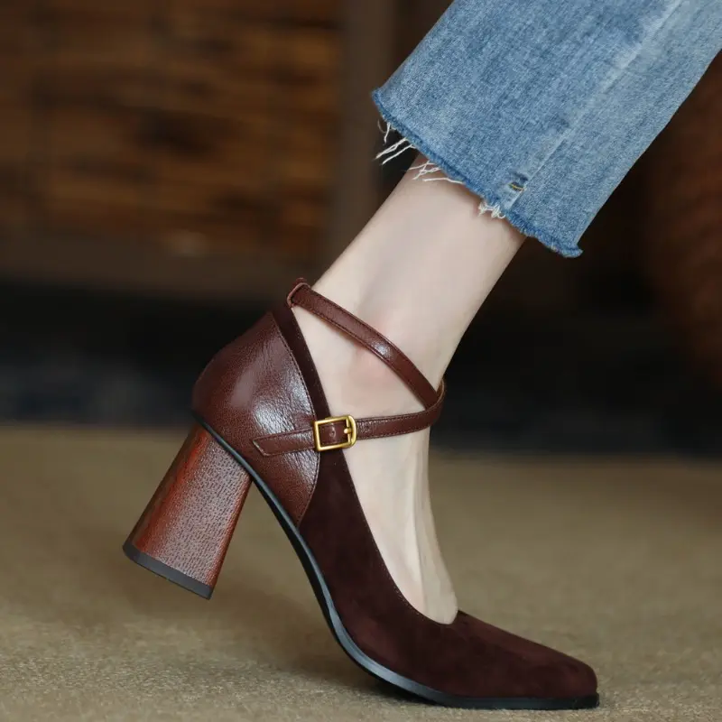 Women's Fashion Thick Heel Shoes Fall New Square Head Shallow Mouth Suede Temperament High Heels