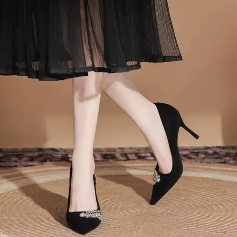Temperament Stiletto Single Shoes Autumn New Pointed Toe Shallow Suede Rhinestone Non-slip High Heels