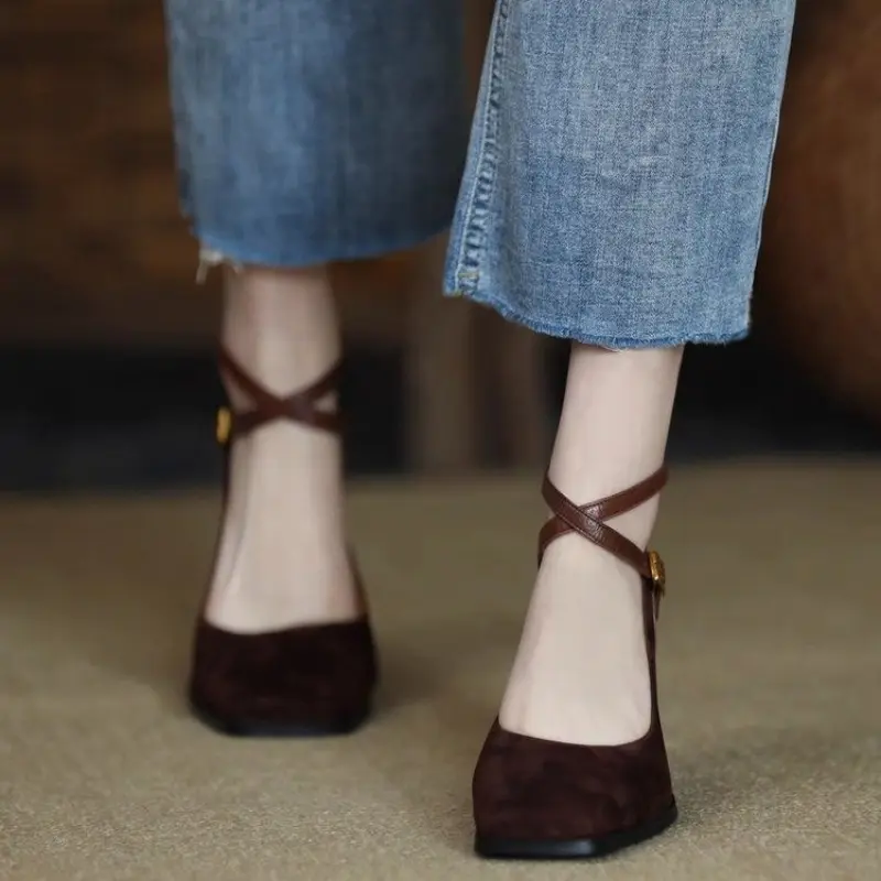 Women's Fashion Thick Heel Shoes Fall New Square Head Shallow Mouth Suede Temperament High Heels