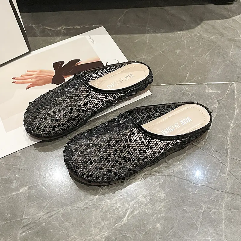 Spring Fashion Baotou Slippers for Women Round Head Sequin Cloth Mesh Breathable Soft Sole Anti-slip Wear-resistant Flat Shoes