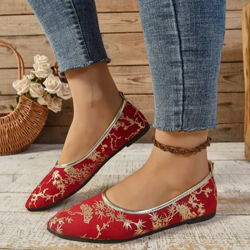 Summer New Single-shoe Women's Pointed Head Shallow Mouth Glitter Cloth Soft Sole Anti-slip Wear-resistant Flat Shoes