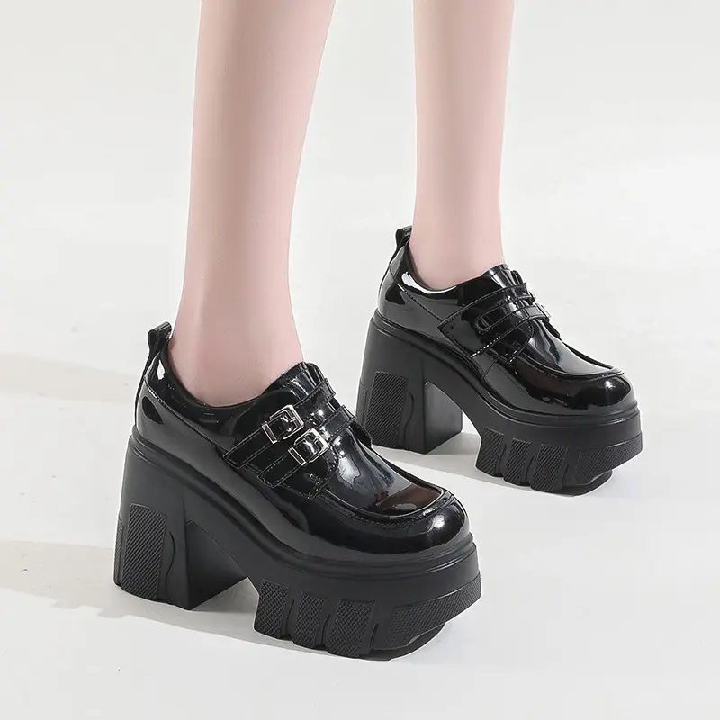 Spring New Coarse Heel Shoes Women Round Head Deep Mouth Metal Buckle Waterproof Platform Anti-slip Wear-resistant High Heels