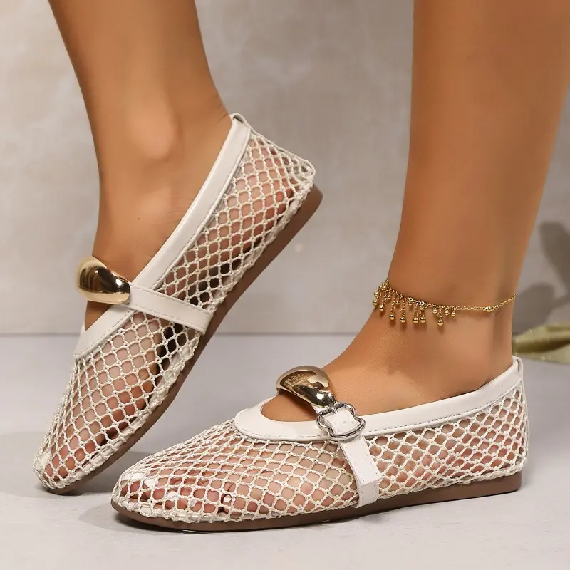 Flat Mesh Breathable Single Shoes Women's New Summer Round Toe Shallow Mouth Cutout Mary Jane Comfort Shoes Baotou Sandals