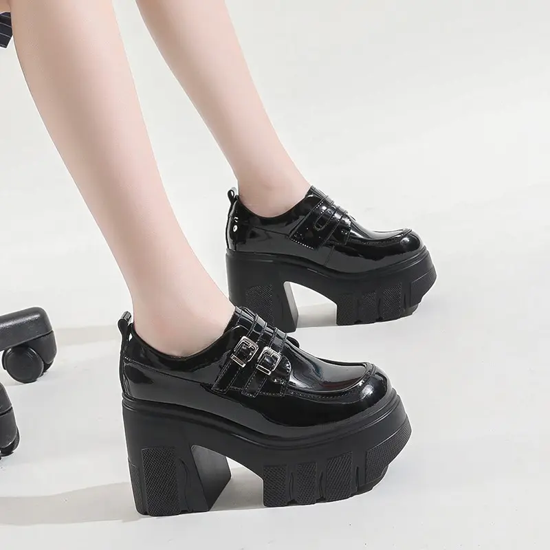 Spring New Coarse Heel Shoes Women Round Head Deep Mouth Metal Buckle Waterproof Platform Anti-slip Wear-resistant High Heels