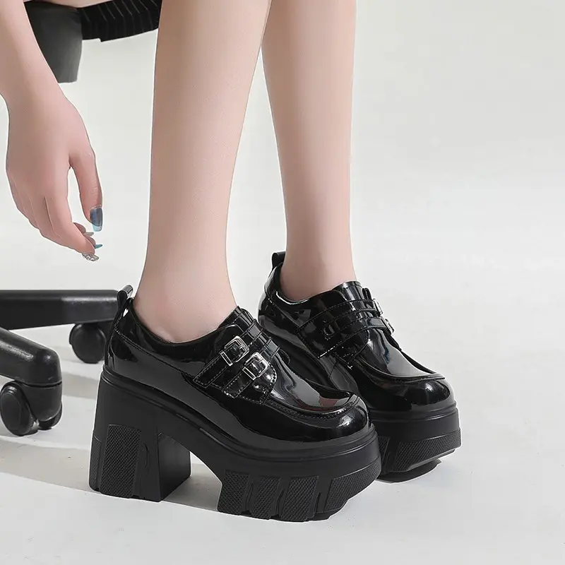 Spring New Coarse Heel Shoes Women Round Head Deep Mouth Metal Buckle Waterproof Platform Anti-slip Wear-resistant High Heels