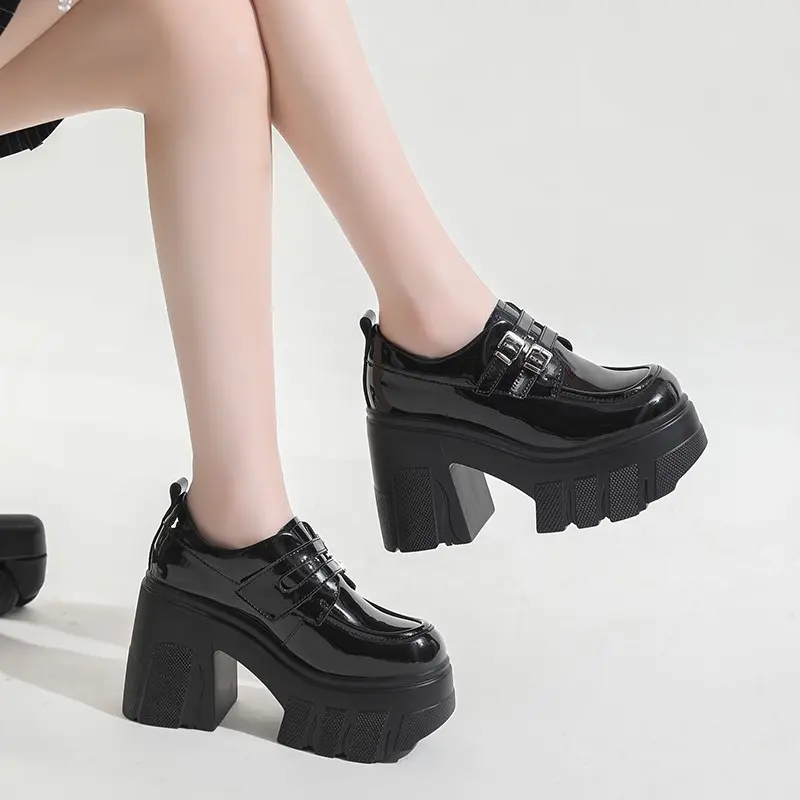 Spring New Coarse Heel Shoes Women Round Head Deep Mouth Metal Buckle Waterproof Platform Anti-slip Wear-resistant High Heels