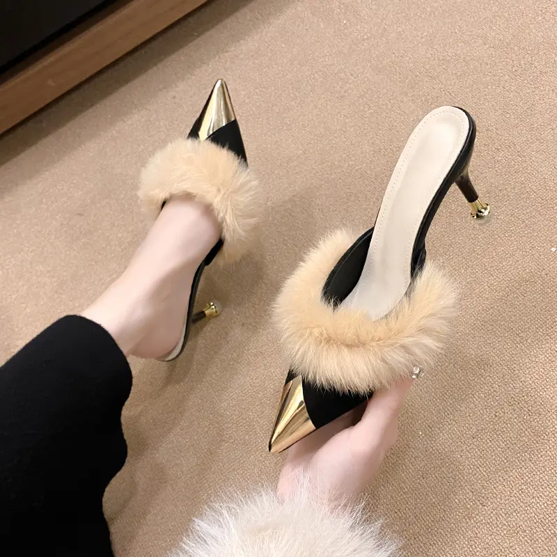 Women's Metal Pointed High Heels Spring Baotou Shallow Mouth Leather Cover Foot Anti-slip Wear-resistant Slippers