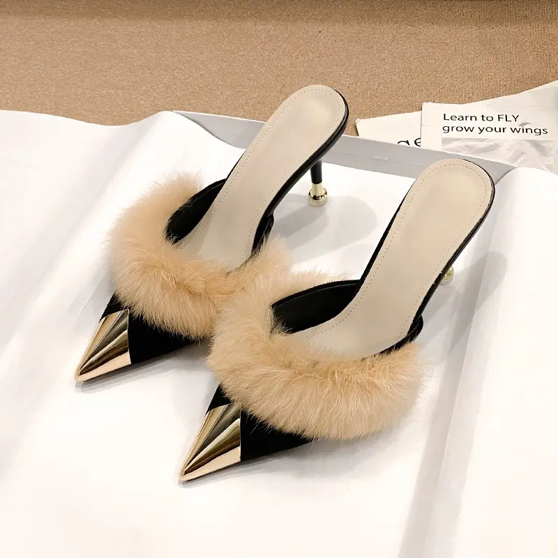Women's Metal Pointed High Heels Spring Baotou Shallow Mouth Leather Cover Foot Anti-slip Wear-resistant Slippers