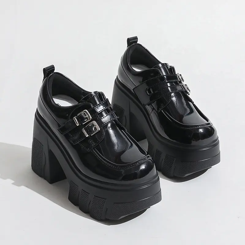 Spring New Coarse Heel Shoes Women Round Head Deep Mouth Metal Buckle Waterproof Platform Anti-slip Wear-resistant High Heels