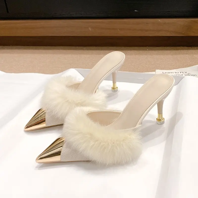 Women's Metal Pointed High Heels Spring Baotou Shallow Mouth Leather Cover Foot Anti-slip Wear-resistant Slippers