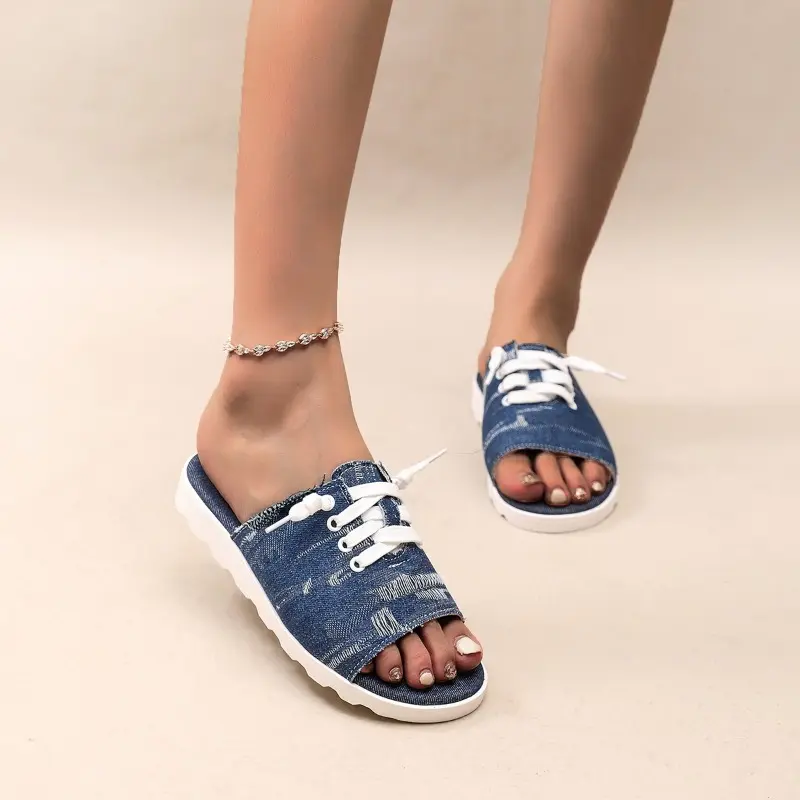 Fashion Women's Shoes New Summer New Wash Denim Canvas Front Thin Strap Soft Sole Non-slip Flip-flops Flat Slip-ons