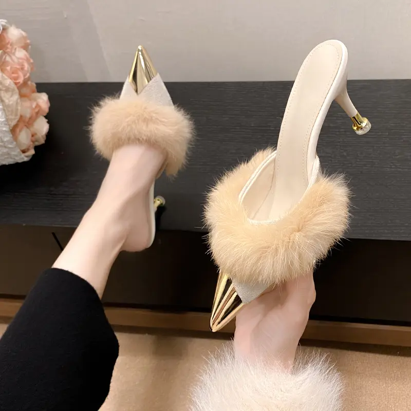 Women's Metal Pointed High Heels Spring Baotou Shallow Mouth Leather Cover Foot Anti-slip Wear-resistant Slippers
