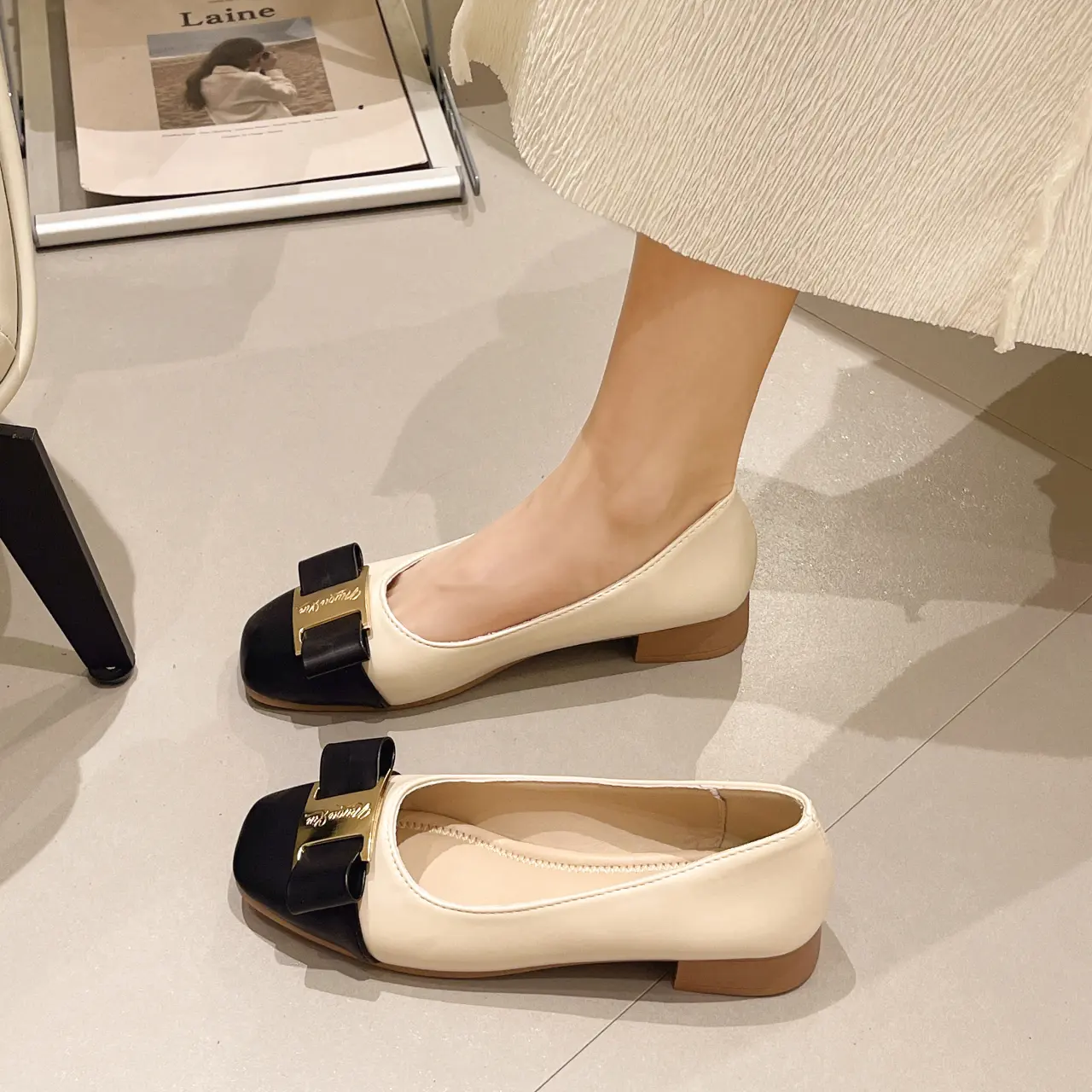 Soft Soled Low Heeled Women's Small Leather Shoes, Women's 2025 Summer New Item, One Foot Shallow Mouth Flat Sole Single Shoe